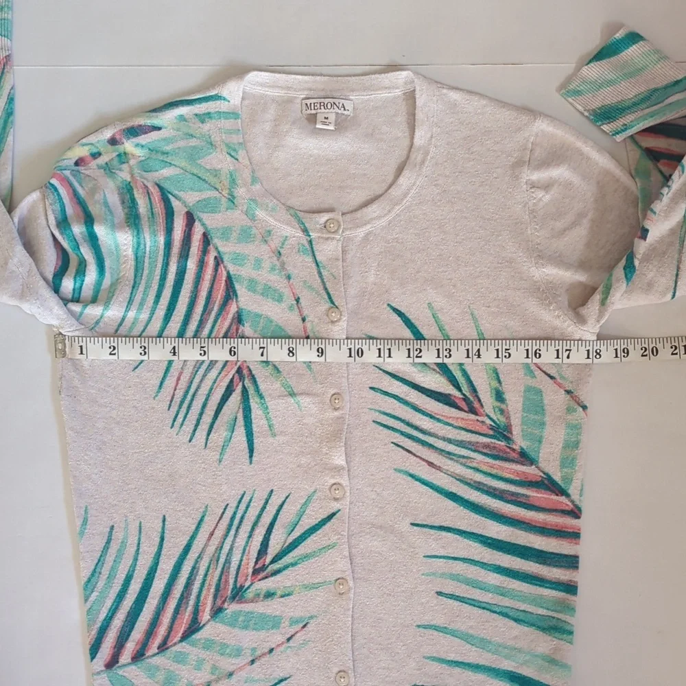 Merona Tropical Palm Leaf Print Heathered Button Up Cardigan Sweater MEDIUM Tan - Picture 12 of 15